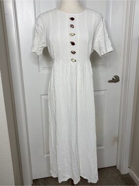 Vintage 90s White Rose Accent Babydoll Maxi Dress White Waist Tie Boho Cottage